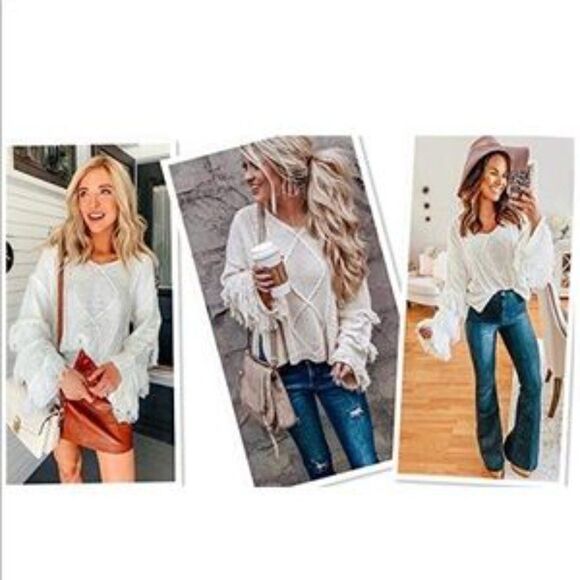 BOHEMIAN FRINGE WHITE CREAM KNIT SWEATER - Picture 6 of 8